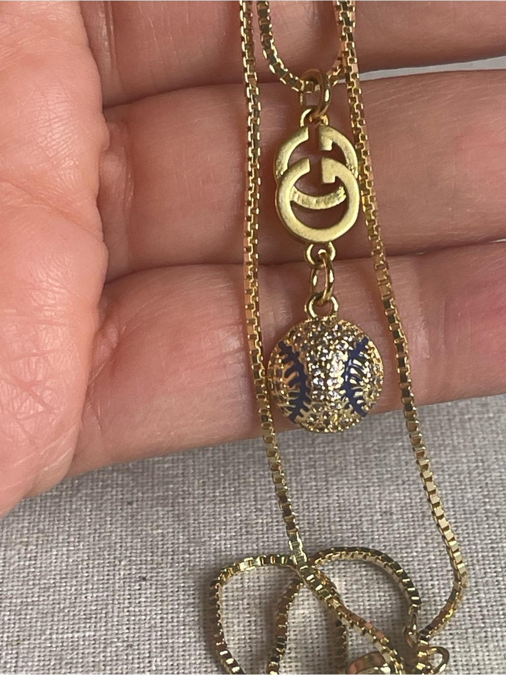 Gold Necklace with Navy Baseball Charm and GG Upcycle Charm